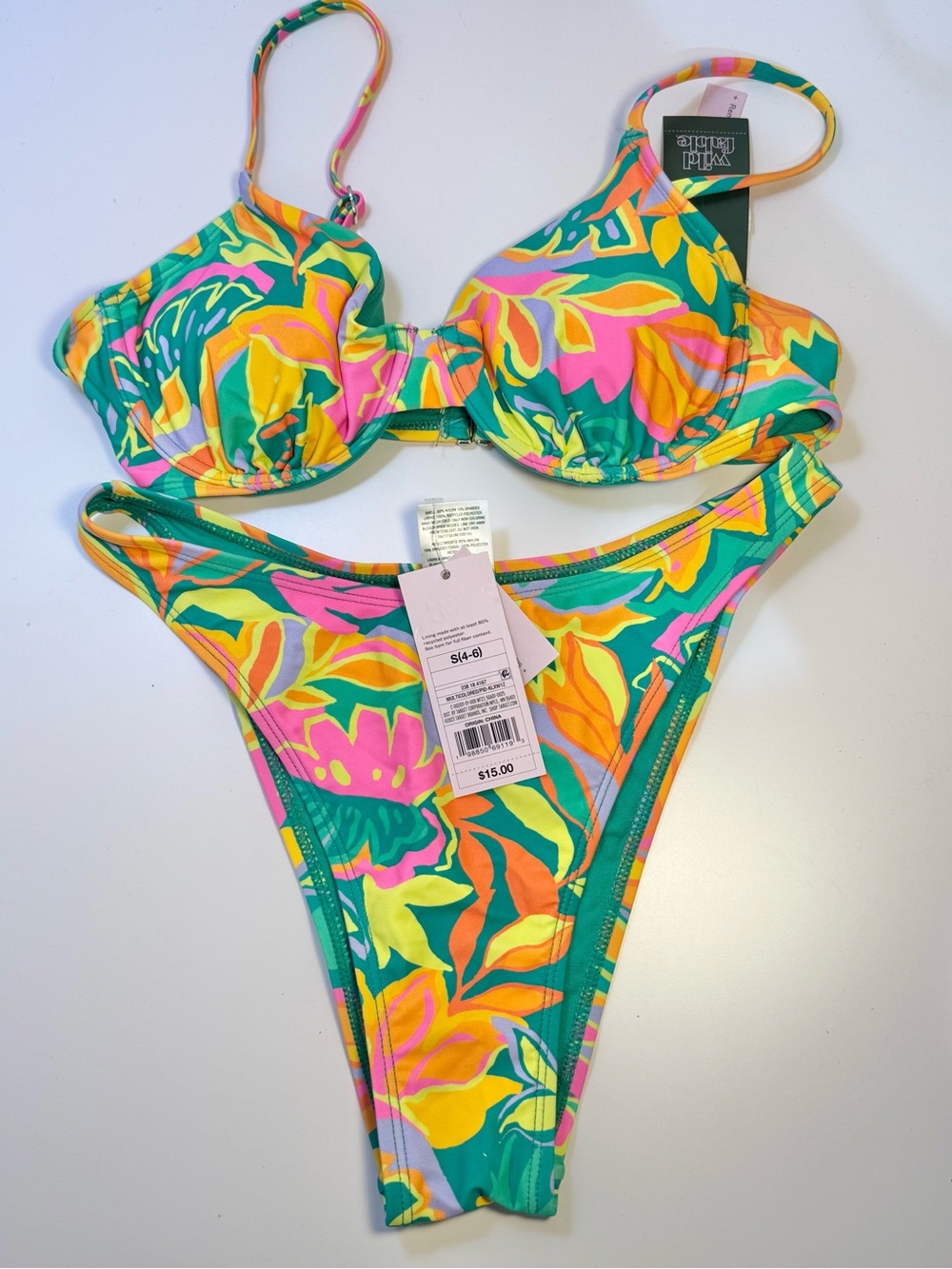 wild fable Green Pink Yellow Floral tropical Bikini Set w/underwire size small